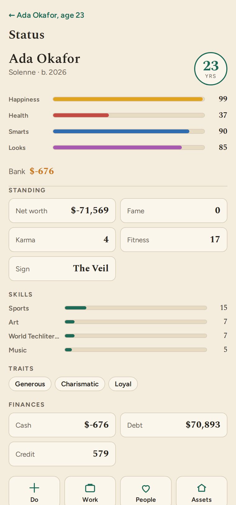 OneLife — an almanac life-simulator dashboard