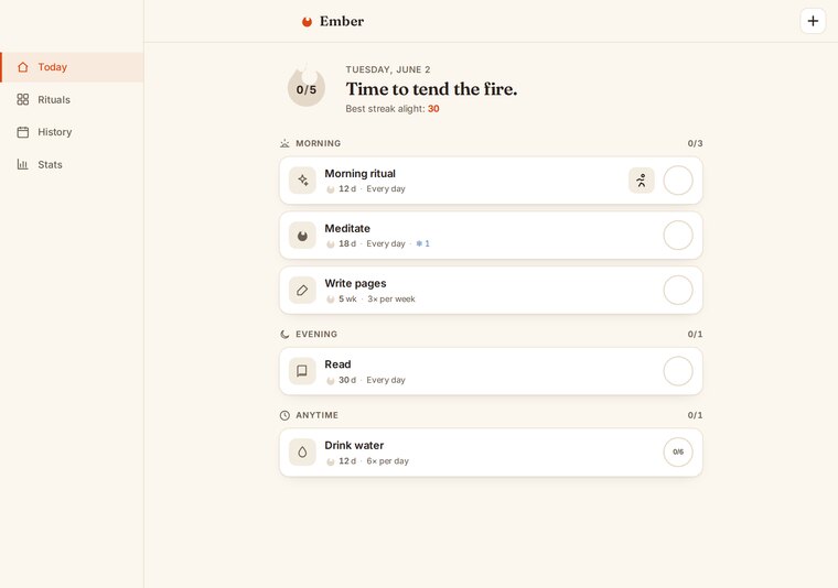 Ember — a warm habit tracker with streak flames and a kiln heatmap